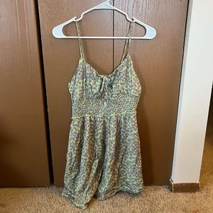 green with purple flowers dress